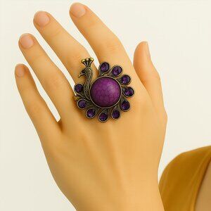 Vintage Peacock Ring – Purple Gemstones & Center Stone, Adjustable Women Jewelry